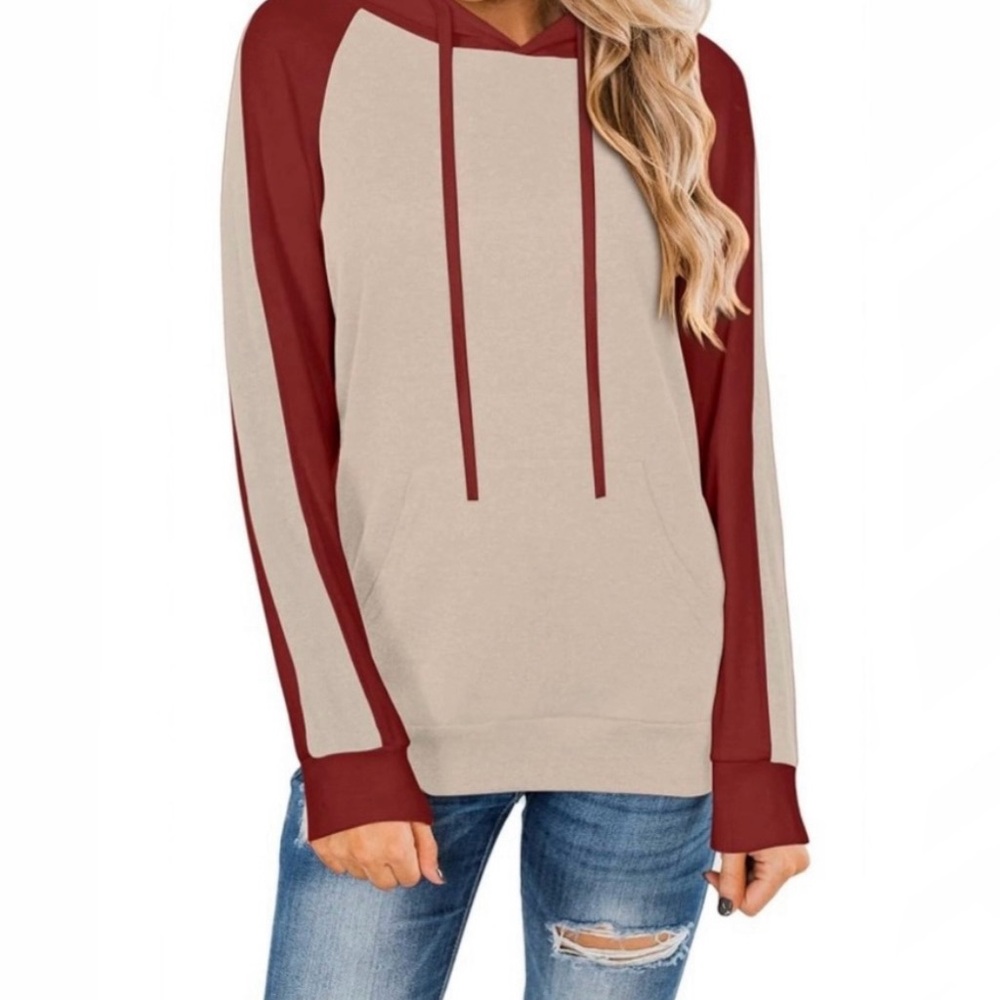 PinkmStyle Color Block Hoodie Sweatshirt Kangaroo Pocket Beige Red Womens Large